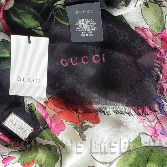 GUCCI ivory Interlocking G black border RISING FLOWERS 55" modal/silk pashmina🎁 - Picture 4 of 6